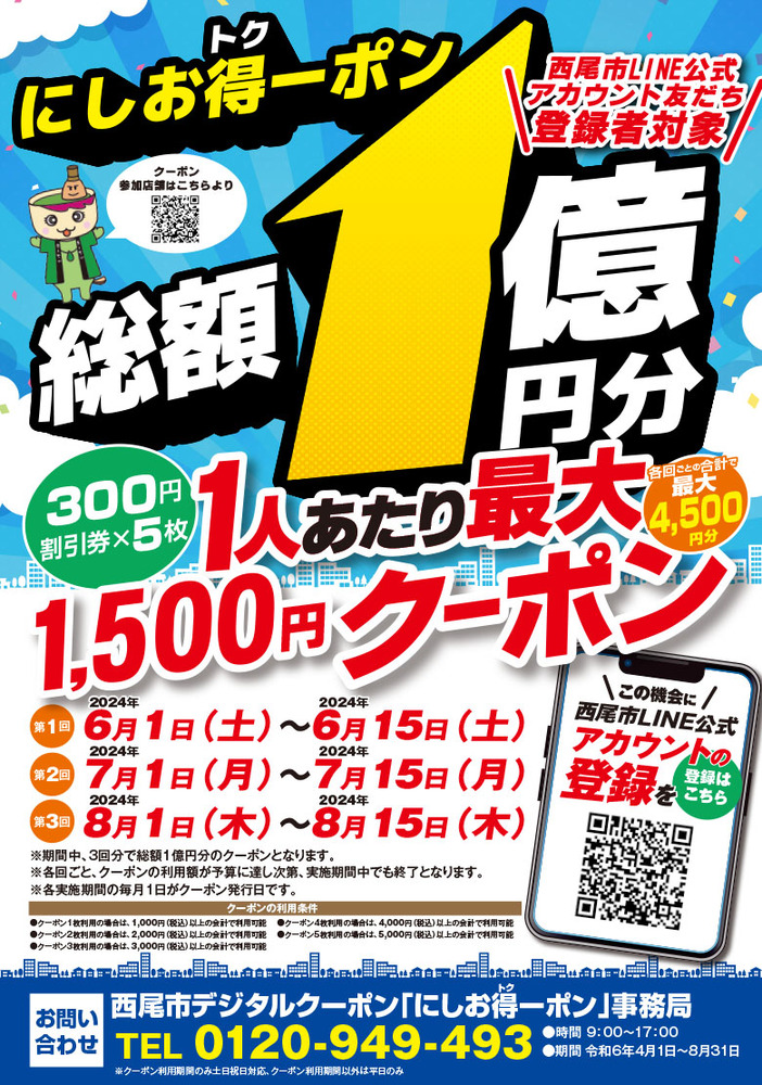 最大1500円お得になる　西尾得ーポン　のご案内